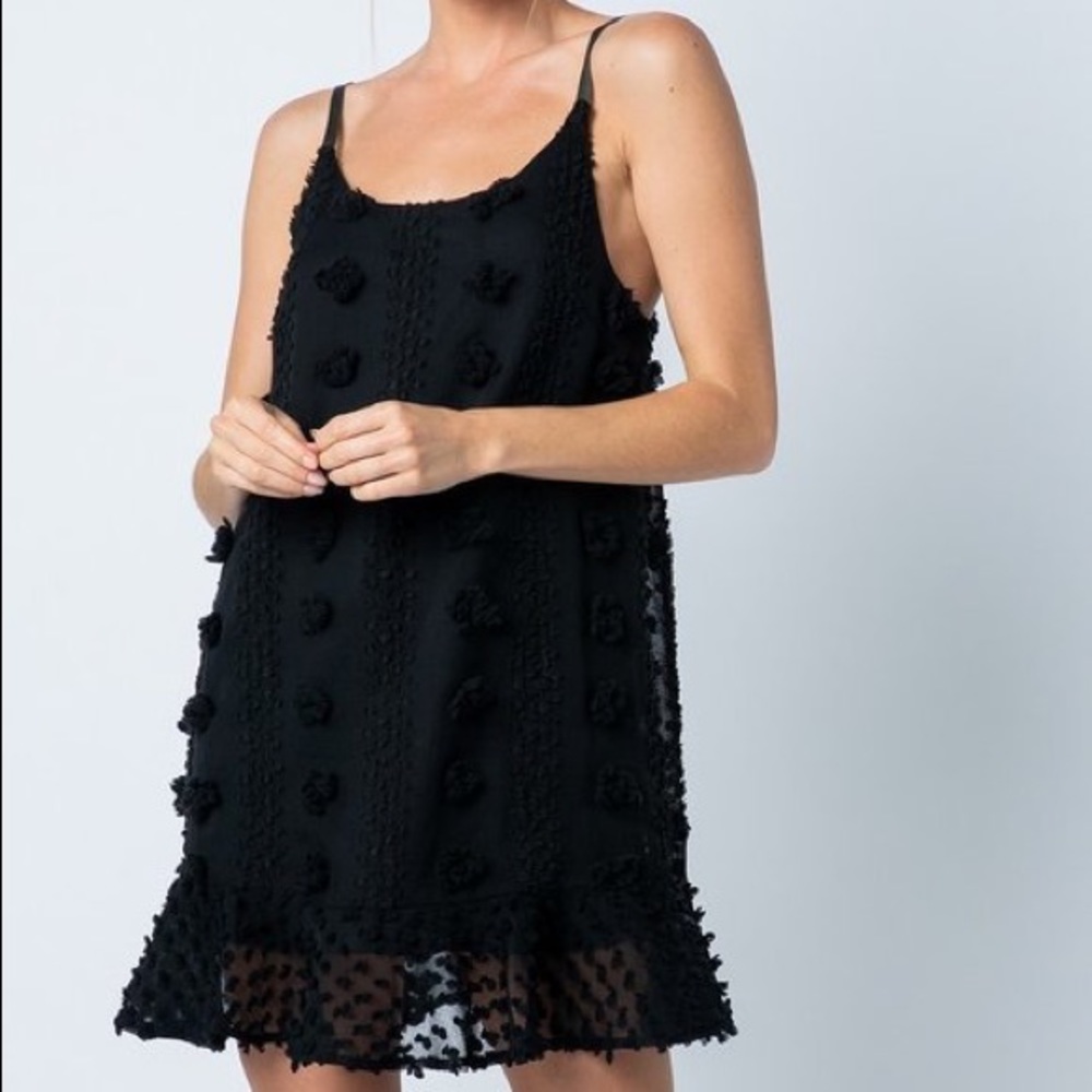 &merci black spaghetti strap Pom Pom dress
